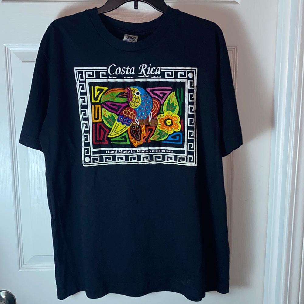 Costa Rica Parrot Bird Sewn Art Travel Kuna Yala Indians T-Shirt Hand made Sz L